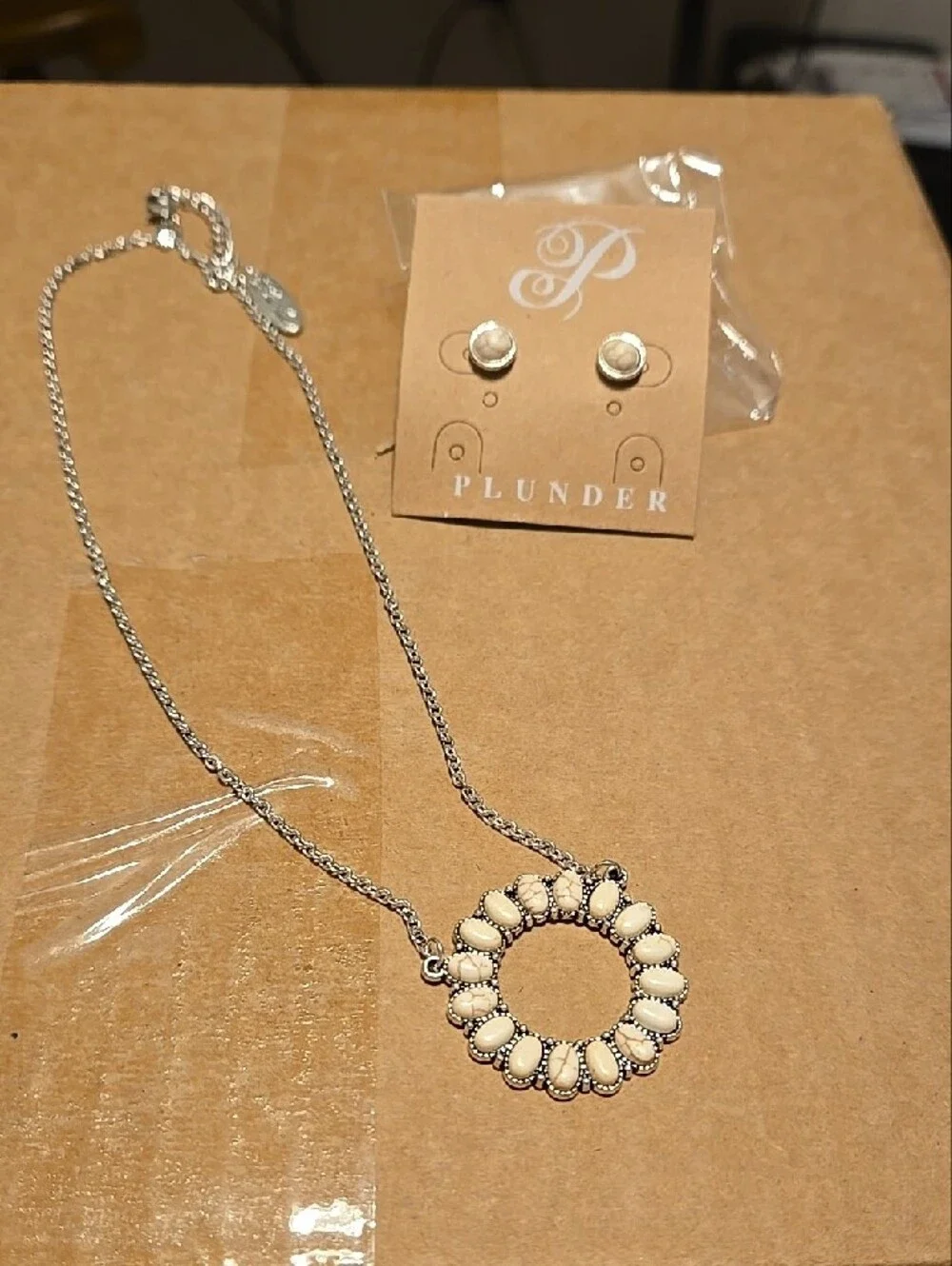 NWT bundle Plunder Silver-Tone Necklace and Cream Stone Studs